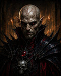 GRID THUMBNAIL — Menacing bald vampire with red eyes and spiked black armour adorned with skull and ruby, standing before candlelit gothic arches.