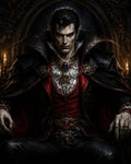 GRID THUMBNAIL — A pale, red-eyed vampire in ornate black and crimson finery sits on a gothic throne, firelit by candles in a dark interior.