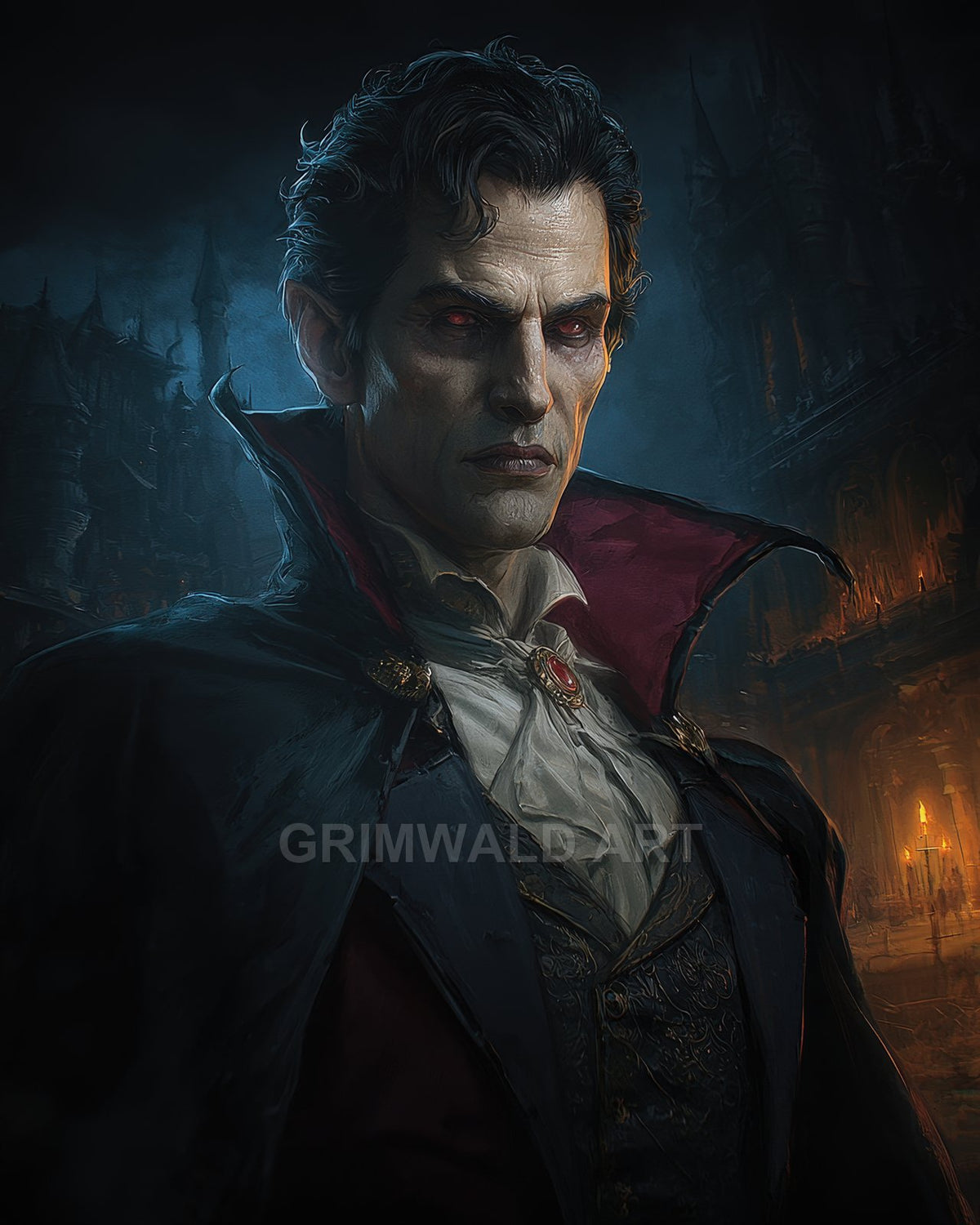 Portrait of a pale, red-eyed vampire noble in ornate cloak and cravat, standing before a torchlit gothic castle at night.