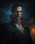 GRID THUMBNAIL — Portrait of a pale, red-eyed vampire noble in ornate cloak and cravat, standing before a torchlit gothic castle at night.