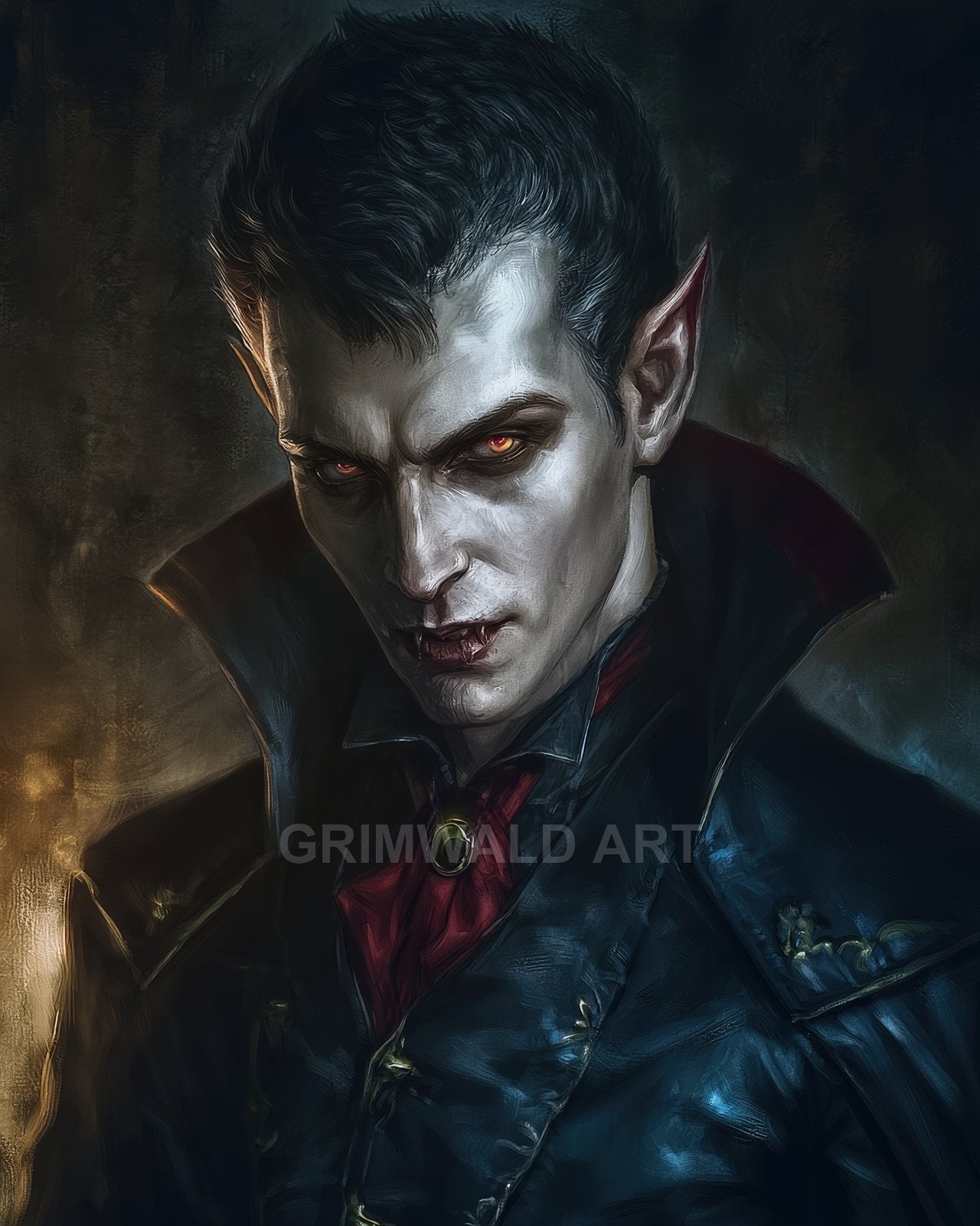 Portrait of a pale male vampire with glowing red eyes, bloodied fangs, and a high-collared dark coat with red cravat against a shadowy backdrop.