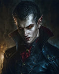 GRID THUMBNAIL — Portrait of a pale male vampire with glowing red eyes, bloodied fangs, and a high-collared dark coat with red cravat against a shadowy backdrop.