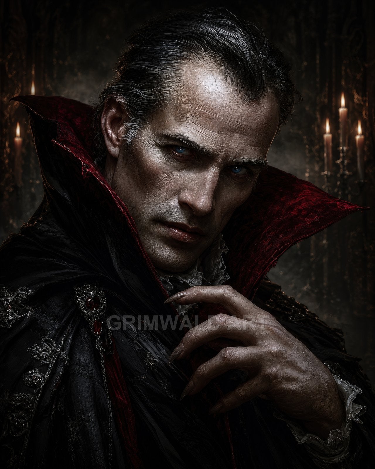 Close portrait of a pale, blue-eyed vampire in an ornate black cloak with red collar, lit by candles in a dark interior.