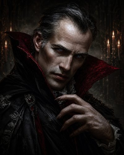 GRID THUMBNAIL — Close portrait of a pale, blue-eyed vampire in an ornate black cloak with red collar, lit by candles in a dark interior.