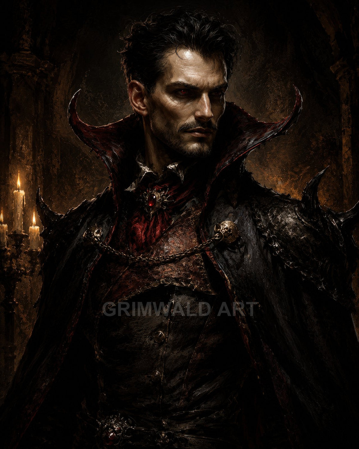 A pale, red-eyed vampire noble in ornate black armour and a high-collared cloak stands beside candles within a shadowy gothic castle interior.