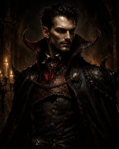 GRID THUMBNAIL — A pale, red-eyed vampire noble in ornate black armour and a high-collared cloak stands beside candles within a shadowy gothic castle interior.