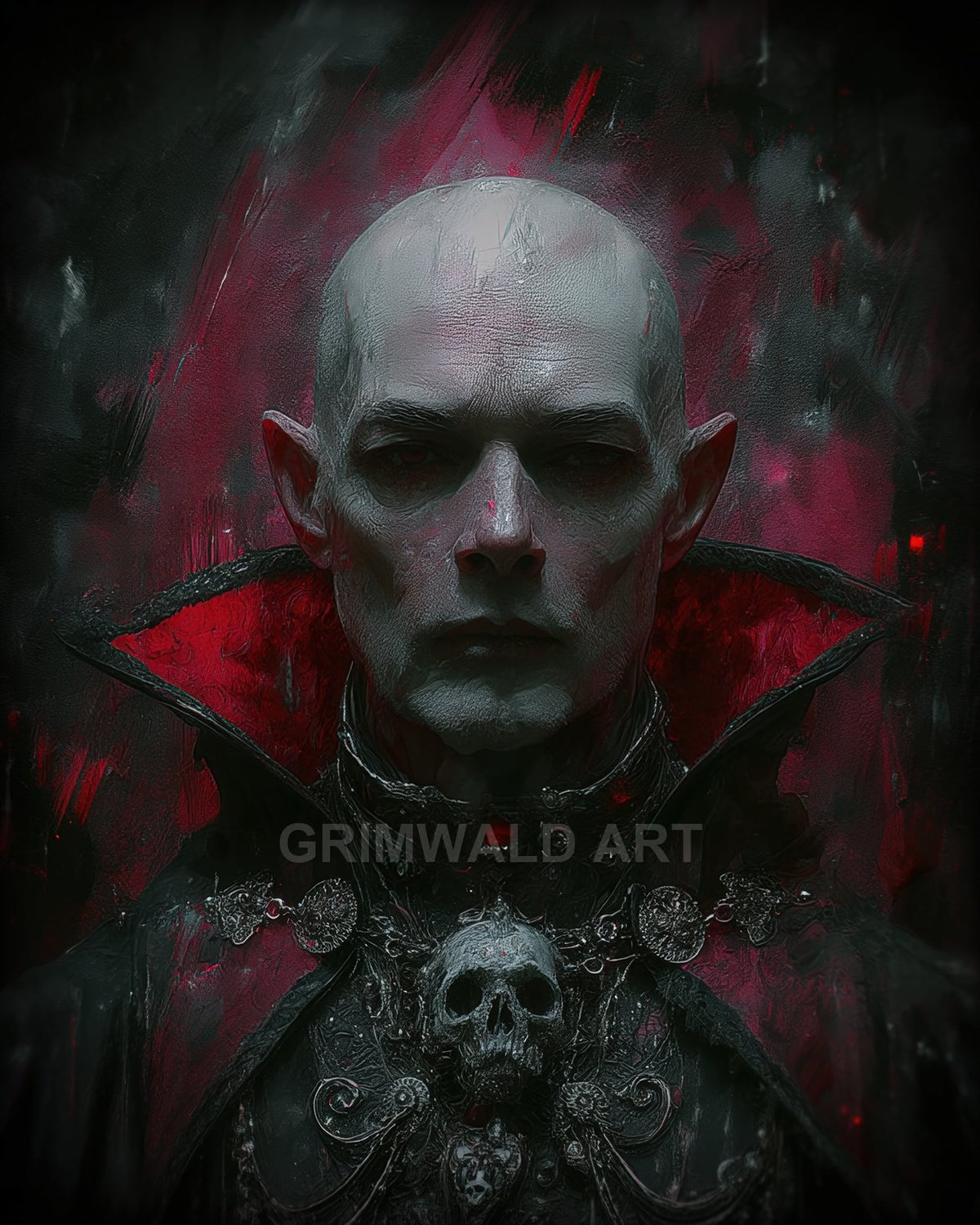 Dark fantasy portrait of a bald male vampire with red eyes and a crimson high collar, ornate black armour and skull ornament.
