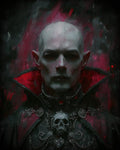 GRID THUMBNAIL — Dark fantasy portrait of a bald male vampire with red eyes and a crimson high collar, ornate black armour and skull ornament.