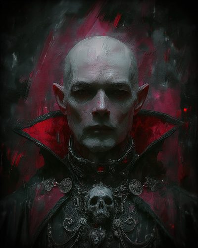 GRID THUMBNAIL — Dark fantasy portrait of a bald male vampire with red eyes and a crimson high collar, ornate black armour and skull ornament.