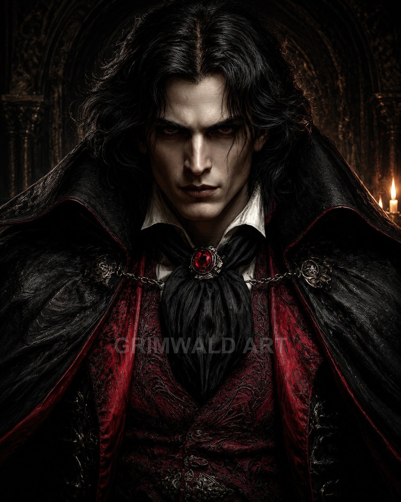 Pale, dark-haired vampire noble stares forward, wearing ornate red and black cloak with ruby brooch, in a dim gothic interior lit by candle.