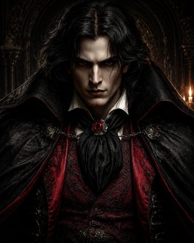 GRID THUMBNAIL — Pale, dark-haired vampire noble stares forward, wearing ornate red and black cloak with ruby brooch, in a dim gothic interior lit by candle.