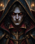 GRID THUMBNAIL — Close-up portrait of a pale hooded vampire with glowing red eyes, ornate gold-trimmed garb, and candles behind, in a dark gothic interior.