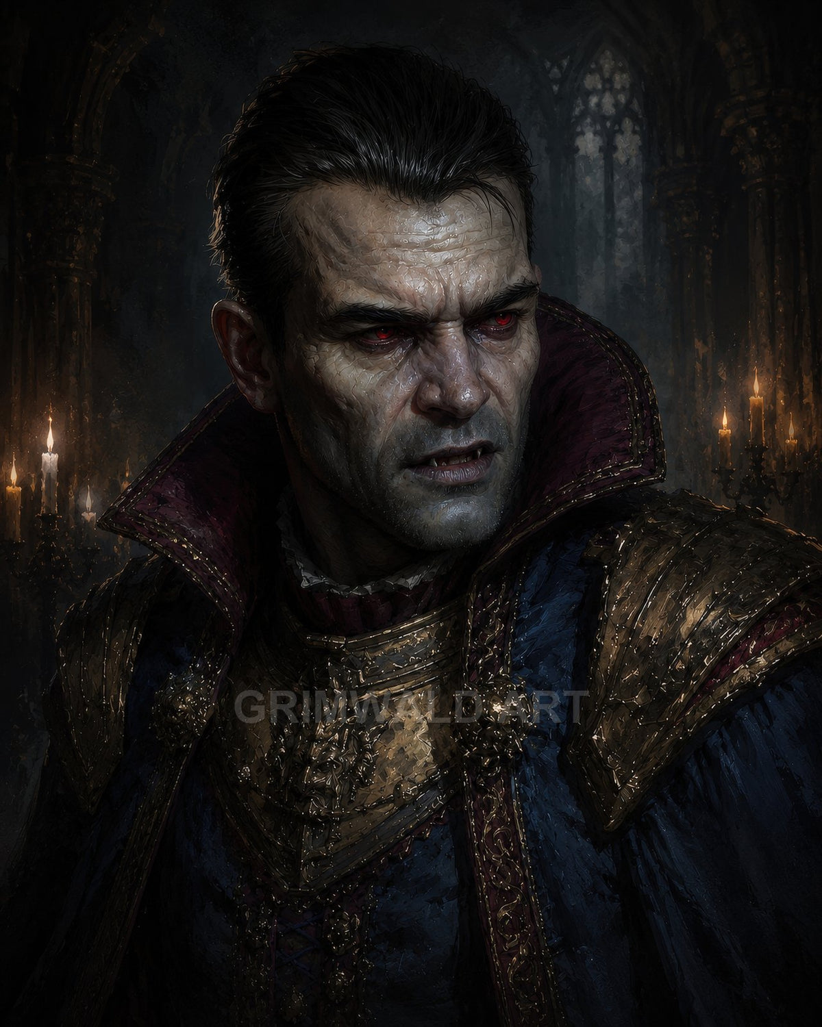 A pale, red-eyed vampire noble in ornate blue and gold armour with high collar, lit by candles in a shadowy gothic hall.