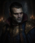 GRID THUMBNAIL — A pale, red-eyed vampire noble in ornate blue and gold armour with high collar, lit by candles in a shadowy gothic hall.