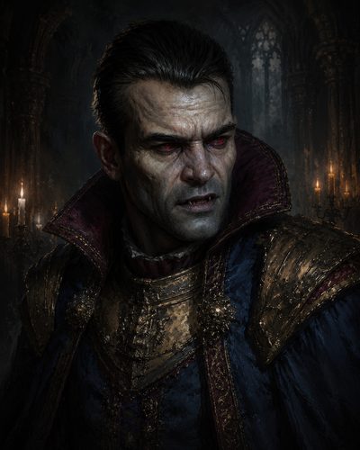 GRID THUMBNAIL — A pale, red-eyed vampire noble in ornate blue and gold armour with high collar, lit by candles in a shadowy gothic hall.