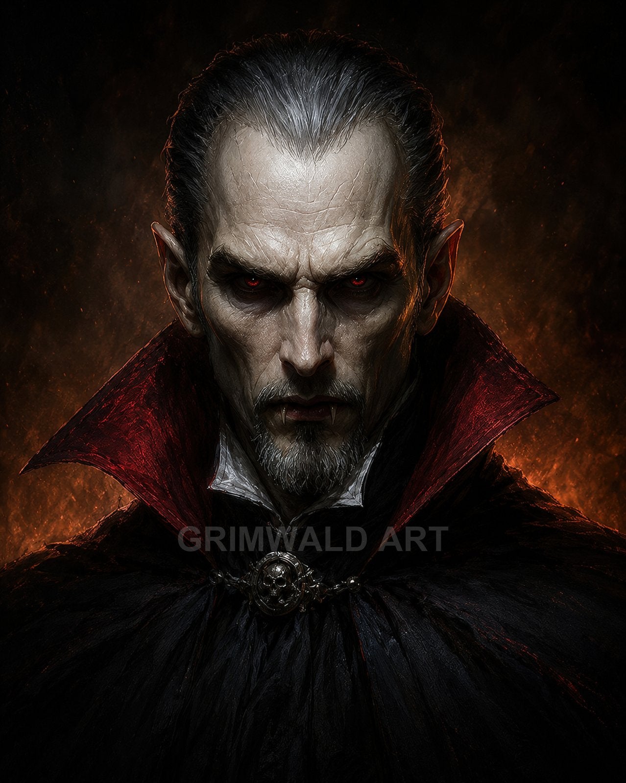 Portrait of a male vampire with glowing red eyes, gaunt pale face, fangs, and a black cloak with crimson collar and skull brooch, firelit background.
