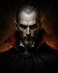 GRID THUMBNAIL — Portrait of a male vampire with glowing red eyes, gaunt pale face, fangs, and a black cloak with crimson collar and skull brooch, firelit background.