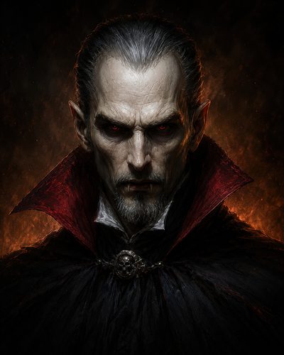 GRID THUMBNAIL — Portrait of a male vampire with glowing red eyes, gaunt pale face, fangs, and a black cloak with crimson collar and skull brooch, firelit background.