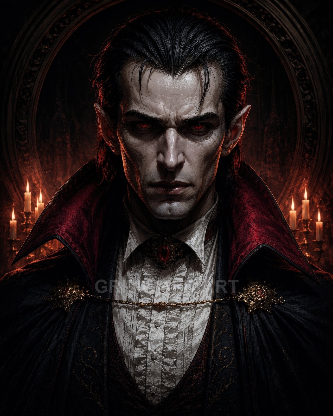 Intense portrait of a pale male vampire with red eyes, ruffled shirt and jewelled cloak, lit by candelabras in a dark gothic interior.