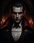 GRID THUMBNAIL — Intense portrait of a pale male vampire with red eyes, ruffled shirt and jewelled cloak, lit by candelabras in a dark gothic interior.