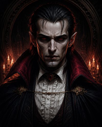 GRID THUMBNAIL — Intense portrait of a pale male vampire with red eyes, ruffled shirt and jewelled cloak, lit by candelabras in a dark gothic interior.