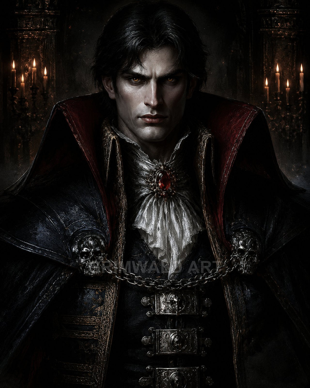 Dark gothic portrait of a pale male vampire noble with amber eyes, red gemstone brooch and skull-ornamented cloak, in a candlelit interior.