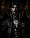 GRID THUMBNAIL — Dark gothic portrait of a pale male vampire noble with amber eyes, red gemstone brooch and skull-ornamented cloak, in a candlelit interior.