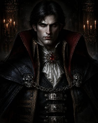 GRID THUMBNAIL — Dark gothic portrait of a pale male vampire noble with amber eyes, red gemstone brooch and skull-ornamented cloak, in a candlelit interior.