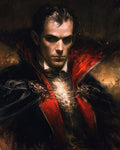 GRID THUMBNAIL — A sombre portrait of a pale male vampire noble wearing a black cloak with a crimson lining, firelit against a shadowed interior backdrop.