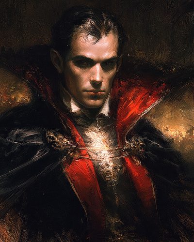 GRID THUMBNAIL — A sombre portrait of a pale male vampire noble wearing a black cloak with a crimson lining, firelit against a shadowed interior backdrop.