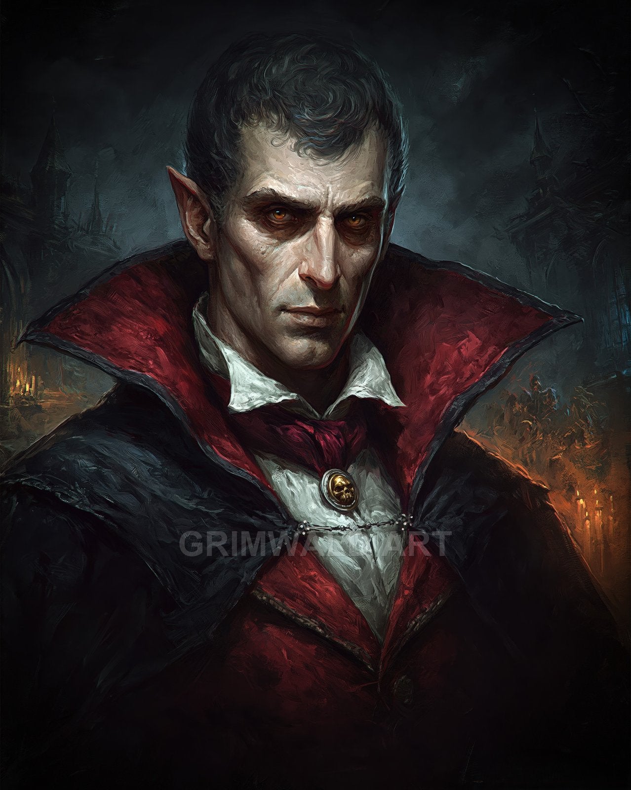 Dark gothic portrait of a pale male vampire with pointed ears and a high red-collared cloak, medallion and chain clasp, before a shadowy castle background.