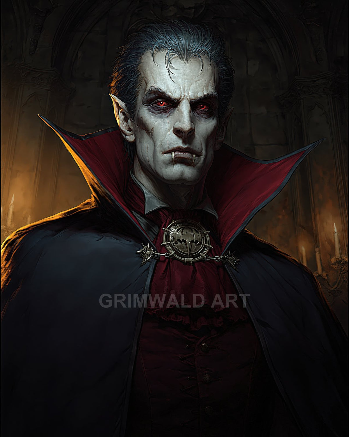 Pale, red-eyed male vampire in a high-collared dark cloak with a bat medallion, posed against a candlelit stone interior with gothic arches.