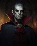 GRID THUMBNAIL — Pale, red-eyed male vampire in a high-collared dark cloak with a bat medallion, posed against a candlelit stone interior with gothic arches.