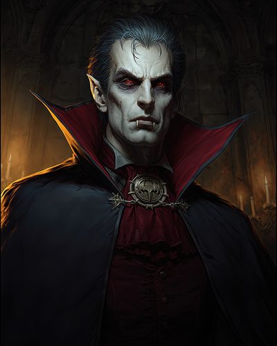 GRID THUMBNAIL — Pale, red-eyed male vampire in a high-collared dark cloak with a bat medallion, posed against a candlelit stone interior with gothic arches.