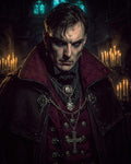 GRID THUMBNAIL — Pale, red-eyed vampire noble in a burgundy cloak and silver chains stands in a candlelit gothic cathedral, brooding under flickering firelight.