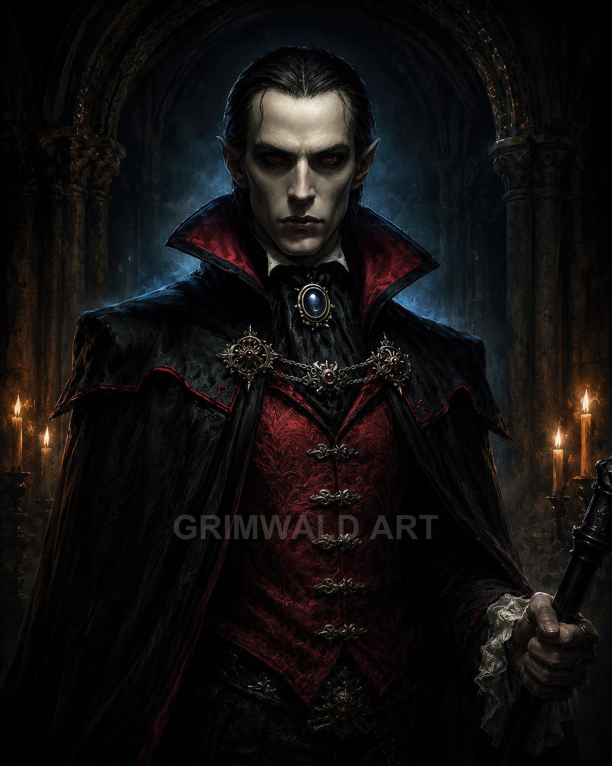 A pale, red-eyed vampire noble in a red brocade waistcoat and black cloak stands in a candlelit gothic castle, gripping a staff.