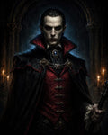 GRID THUMBNAIL — A pale, red-eyed vampire noble in a red brocade waistcoat and black cloak stands in a candlelit gothic castle, gripping a staff.