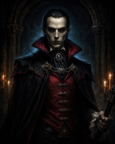 GRID THUMBNAIL — A pale, red-eyed vampire noble in a red brocade waistcoat and black cloak stands in a candlelit gothic castle, gripping a staff.