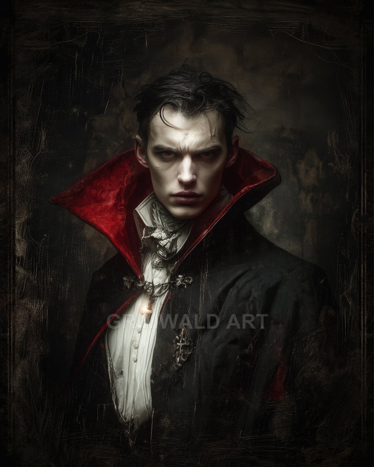 Gothic portrait of a pale male vampire with red eyes, high red-lined collar, black cloak, and white shirt against a dark, textured background.