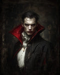 GRID THUMBNAIL — Gothic portrait of a pale male vampire with red eyes, high red-lined collar, black cloak, and white shirt against a dark, textured background.
