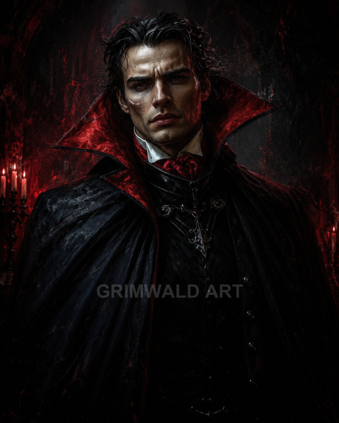 Gothic portrait of a pale male vampire in a black cloak with red lining, candlelit interior background, intense gaze and high collar.