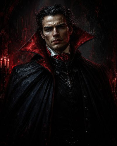GRID THUMBNAIL — Gothic portrait of a pale male vampire in a black cloak with red lining, candlelit interior background, intense gaze and high collar.