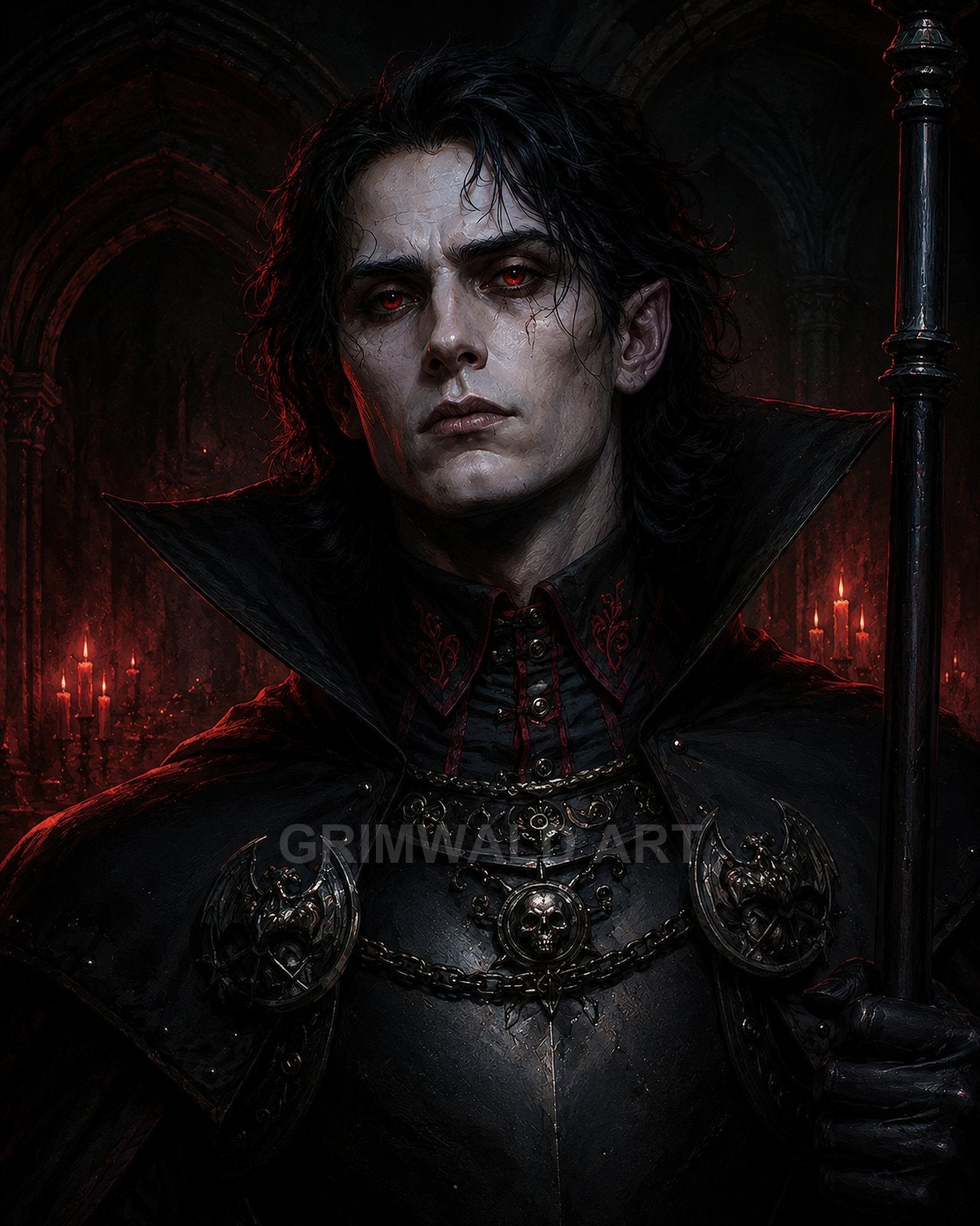 Pale, red-eyed vampire in ornate black armour and high-collared cloak holding a staff before candlelit gothic arches, dark atmospheric fantasy portrait.