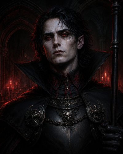 GRID THUMBNAIL — Pale, red-eyed vampire in ornate black armour and high-collared cloak holding a staff before candlelit gothic arches, dark atmospheric fantasy portrait.