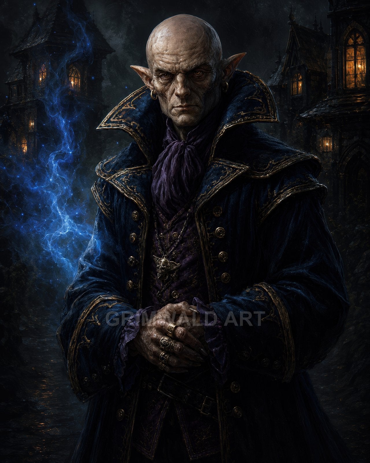 A bald, sharp-eared vampire warlock in ornate blue coat stands at night before gothic houses, hands clasped, blue magical energy swirling beside him.