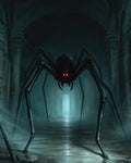 GRID THUMBNAIL — Giant black spider with glowing red eyes stalks a misty stone corridor, long legs spanning the dungeon hall amid cobwebs and shadowy arches.