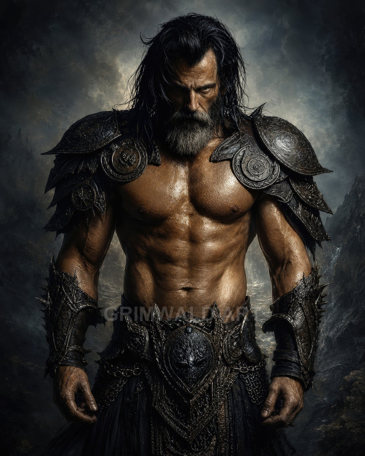 Bearded, muscular male barbarian wearing ornate dark armour stands shirtless against a moody mountain backdrop, lit by cool twilight, gazing downward.