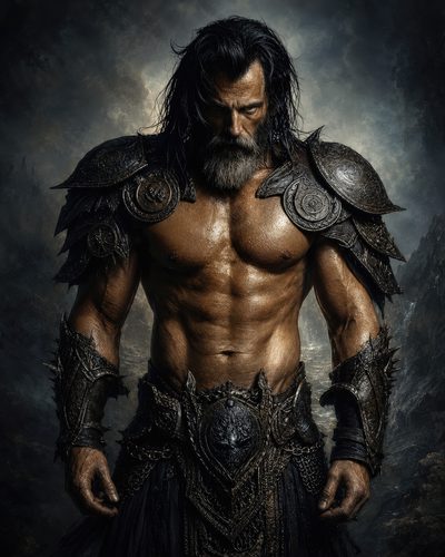 GRID THUMBNAIL — Bearded, muscular male barbarian wearing ornate dark armour stands shirtless against a moody mountain backdrop, lit by cool twilight, gazing downward.