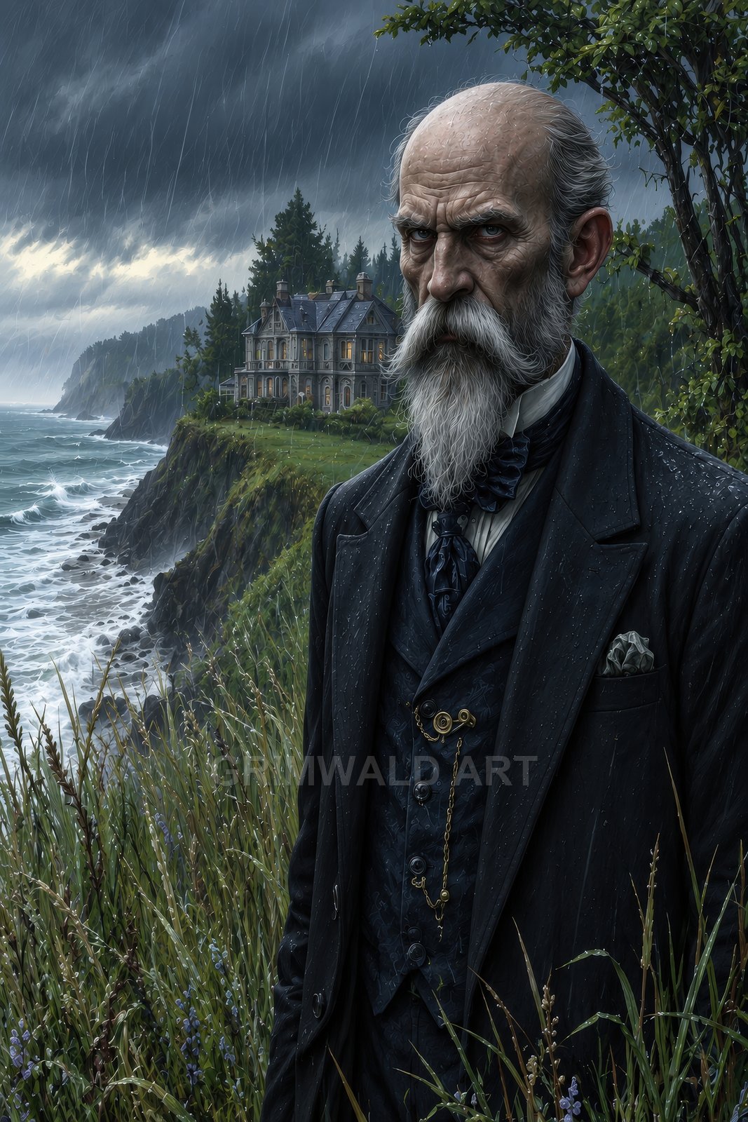 Stern elderly man with white beard in a rain-soaked Victorian suit stands on a coastal cliff as waves crash below and a manor looms behind.