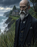 GRID THUMBNAIL — Stern elderly man with white beard in a rain-soaked Victorian suit stands on a coastal cliff as waves crash below and a manor looms behind.